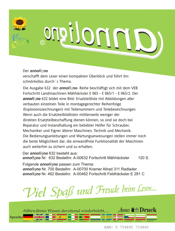 Fortschritt Landmaschinen Traktor/Schlepper Mähhäcksler Typ E 065 & E065/1 & E065/2  Bild- Ersatzteilliste & Explosionszeichnungen - annoligno 632